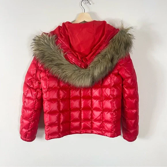 J. Crew Short Quilted Down Puffer Jacket with Faux Fur Trim Hood in Red - M - Picture 9 of 15